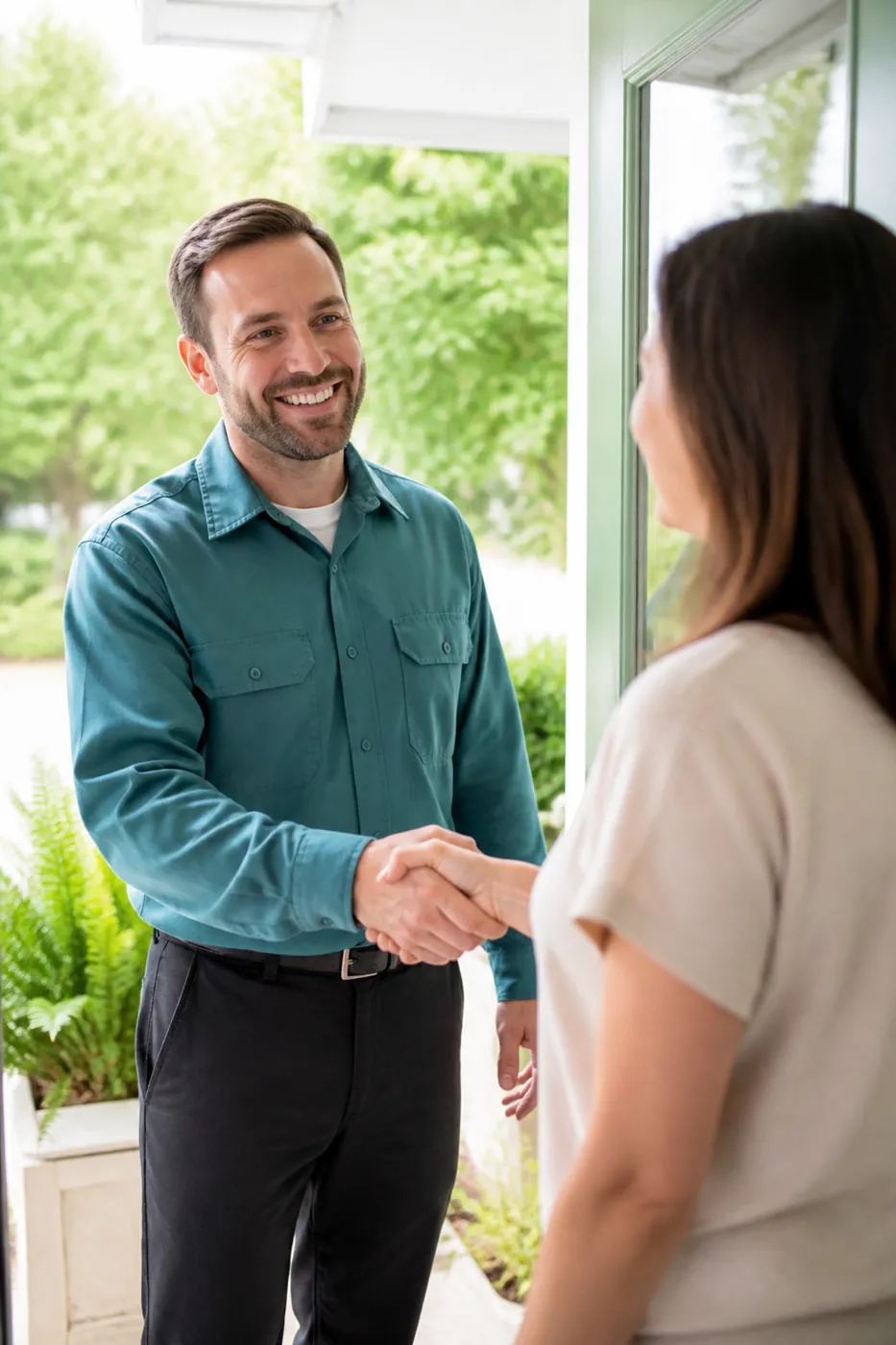 Local technician greeting a happy customer at the door